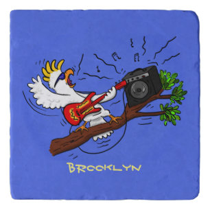 Funny cockatoo playing rock guitar cartoon trivet