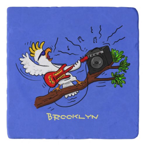 Funny cockatoo playing rock guitar cartoon trivet