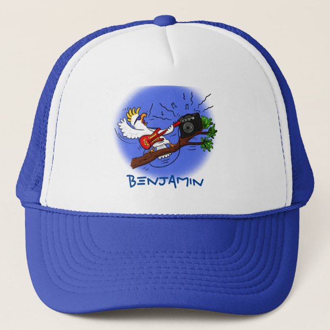 Funny cockatoo playing rock guitar cartoon trucker hat (Front)