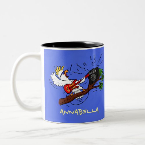 Funny cockatoo playing rock guitar cartoon Two_Tone coffee mug