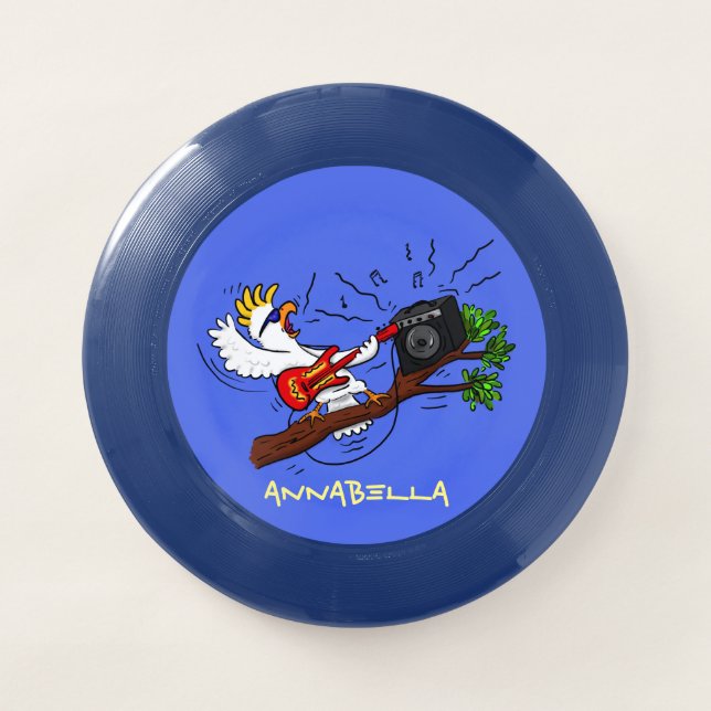 Funny cockatoo playing rock guitar cartoon Wham-O frisbee (Front)
