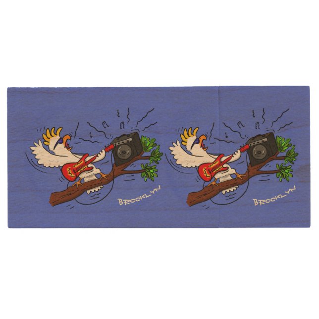 Funny cockatoo playing rock guitar cartoon wood flash drive (Front)