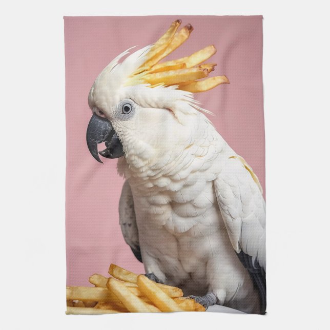 Funny Cockatoo With French Fries Crest Kitchen Towel (Vertical)