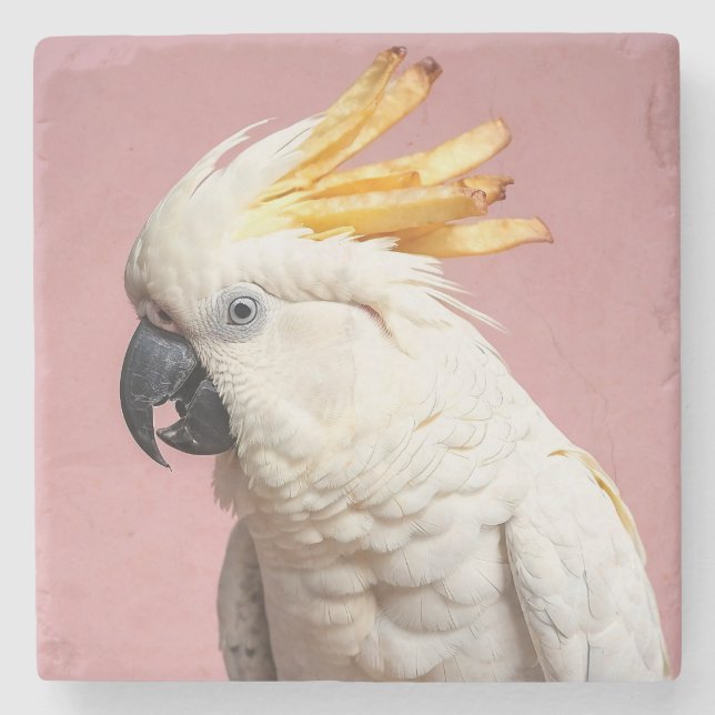 Funny Cockatoo With French Fries Crest Stone Coaster (Front)