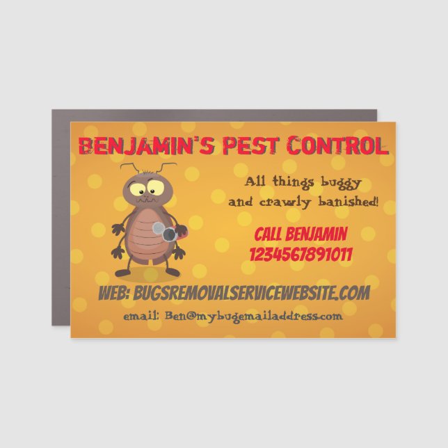 Funny cockroach insect pest control business car magnet (Front)