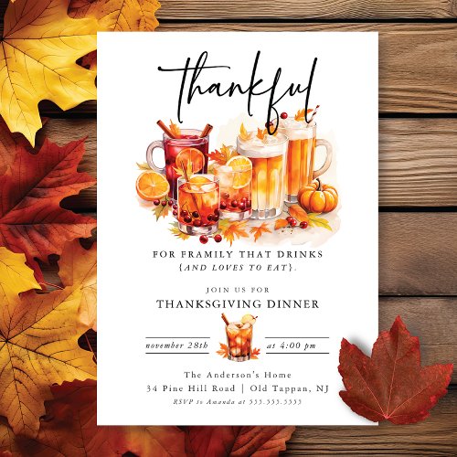 Funny Cocktails Thankful Thanksgiving Dinner Invitation