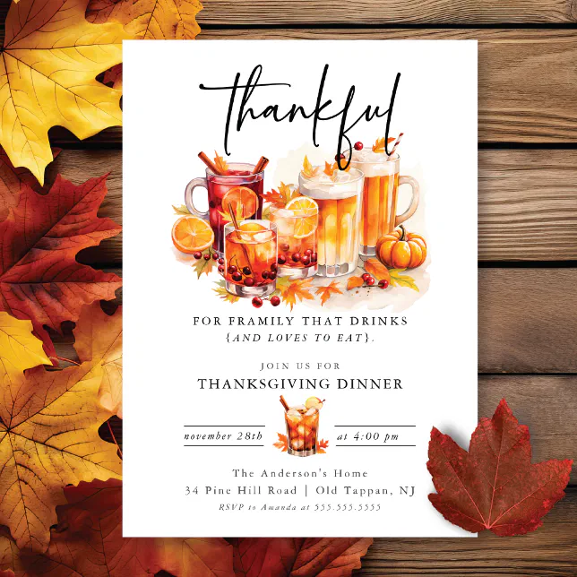 Funny Cocktails Thankful Thanksgiving Dinner Invitation | Zazzle