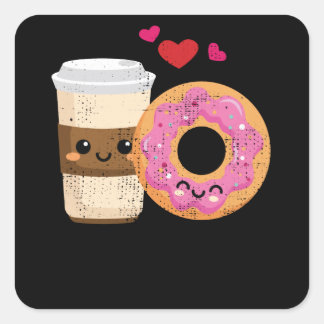 Funny Coffee And Donut Couple Kawaii Valentines Square Sticker