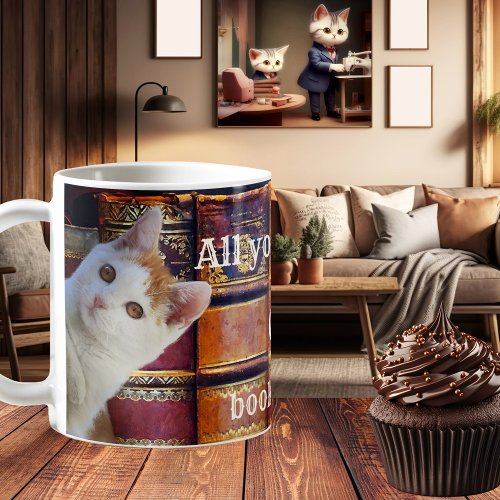 Funny Coffee Cats and Books Mug