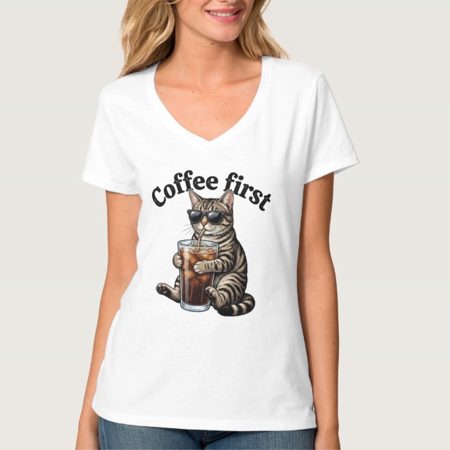 Funny Coffee First Tabby Cat Sunglasses T-Shirt (Front)
