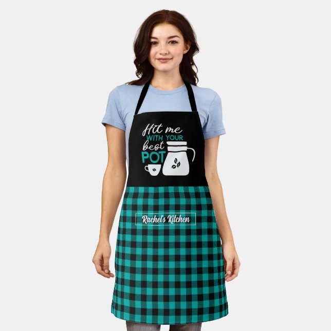 Funny Coffee Lover Best Pot Black Teal Green Plaid Apron (Worn)