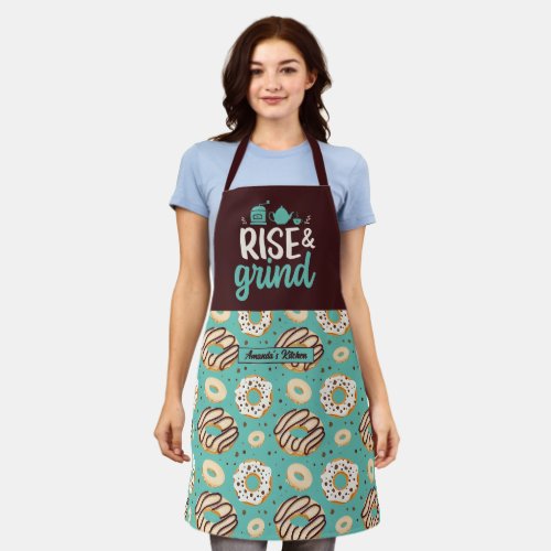 Funny Coffee Lover Rise and Grind Donut Pattern Apron