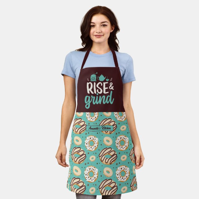 Funny Coffee Lover Rise and Grind Donut Pattern Apron (Worn)