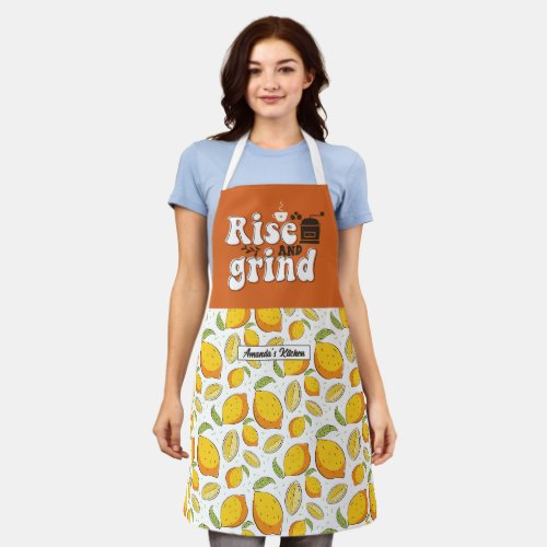 Funny Coffee Lover Rise and Grind Lemon Pattern Apron