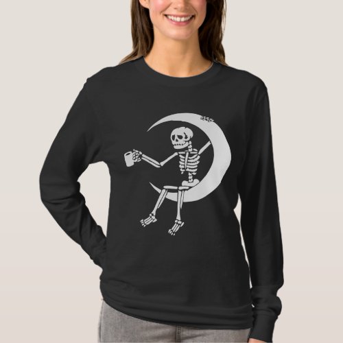 Funny Coffee Lovers Skeleton Sitting On Half_Moon T_Shirt