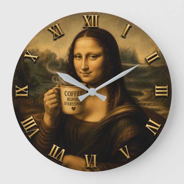 Funny Coffee Mona Lisa Large Clock (Front)