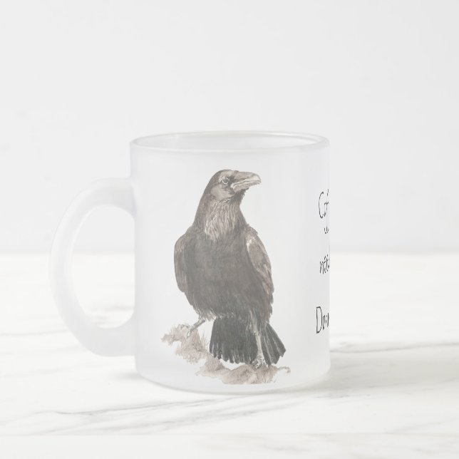 Funny Coffee needs Donuts! Ravens Bird Frosted Glass Coffee Mug (Left)