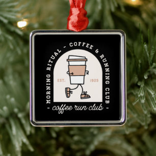 Funny coffee run club running lovers retro black metal ornament