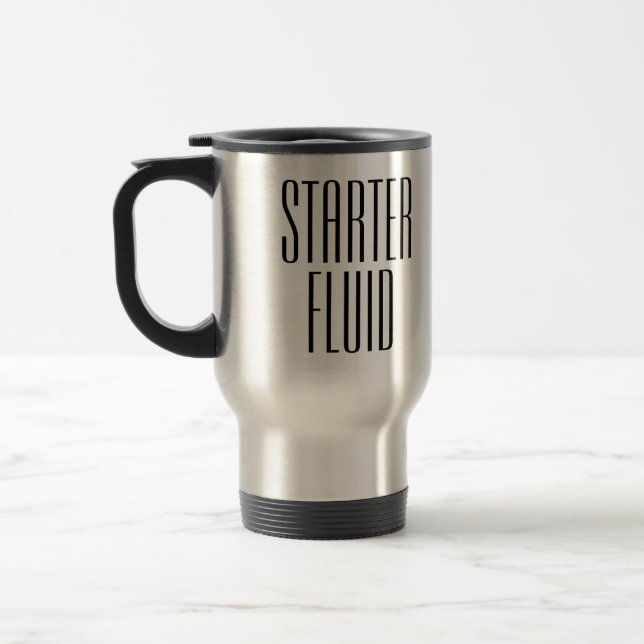 Funny Coffee Starter Fluid Travel Mug (Left)