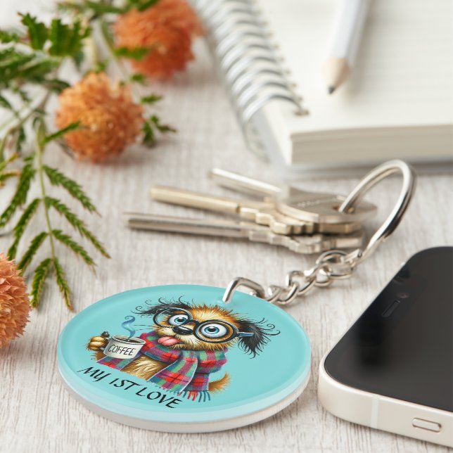 Funny coffee word art dog customizable keychain (Front Right)
