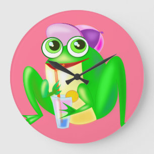 Funny Colck with Happy Party Frog - Your Color Large Clock