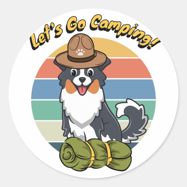 Funny collie dog wants to go camping classic round sticker (Front)