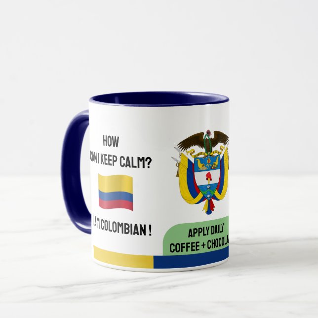 Funny Colombia Keep Calm Text, Colombian Flag Mug (Front Left)