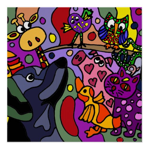Funny Colorful Animals Abstract Art Poster