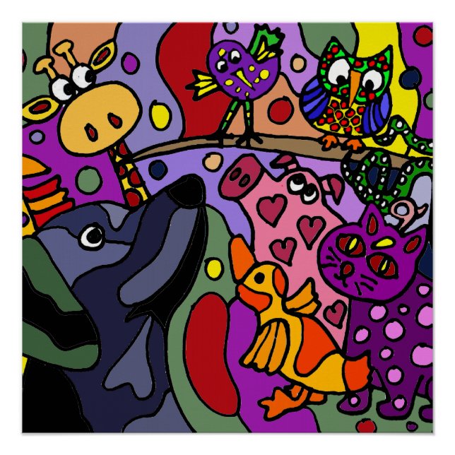 Funny Colorful Animals Abstract Art Poster (Front)