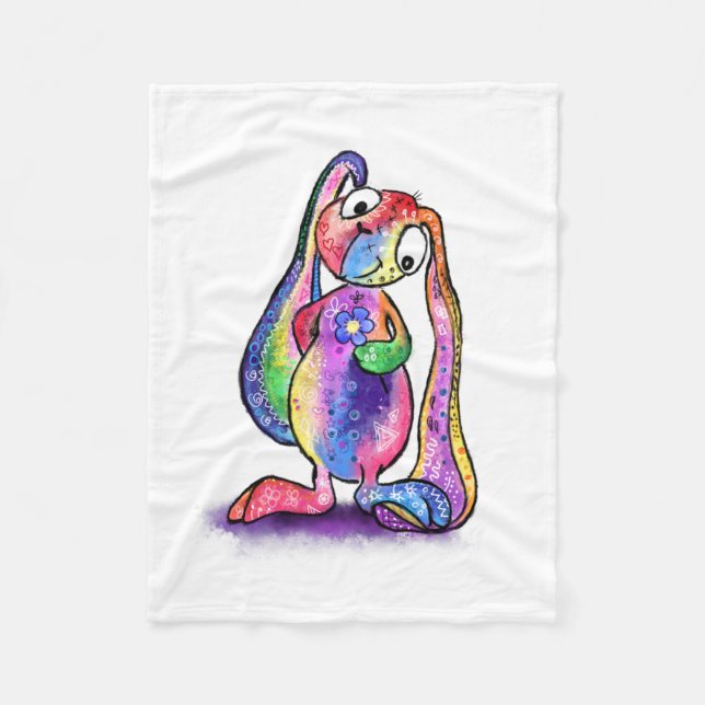 Funny Colorful Bunny Love Flower - Cartoon Drawing Fleece Blanket (Front)