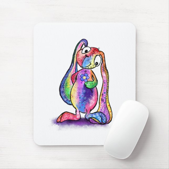Funny Colorful Bunny Love Flower - Cartoon Drawing Mouse Pad (With Mouse)