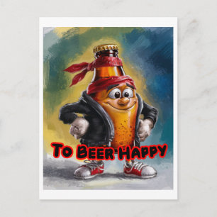 Funny, Colorful Can of Beer very Happy on a Holiday Postcard