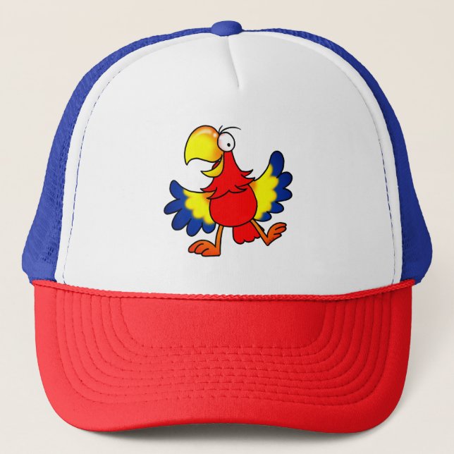 Funny Colorful Cartoon Parrot Bird Trucker Hat (Front)