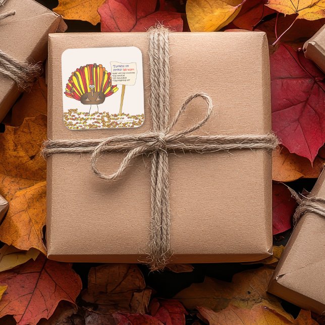 Funny, Colorful Cartoon Thanksgiving Turkey Square Sticker (Take a look at this funny cartoon turkey sticker. It's great to add some fun to your gift packages!)