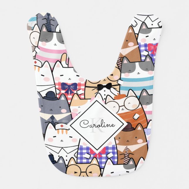 Funny Colorful Cat Cartoon Illustration & Monogram Baby Bib (Front)