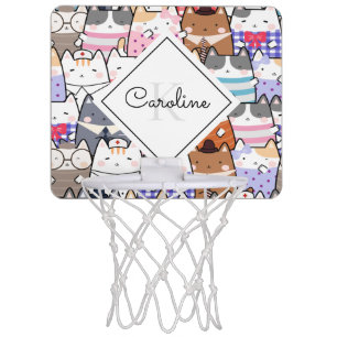 Funny Colorful Cat Cartoon Illustration & Monogram Mini Basketball Hoop