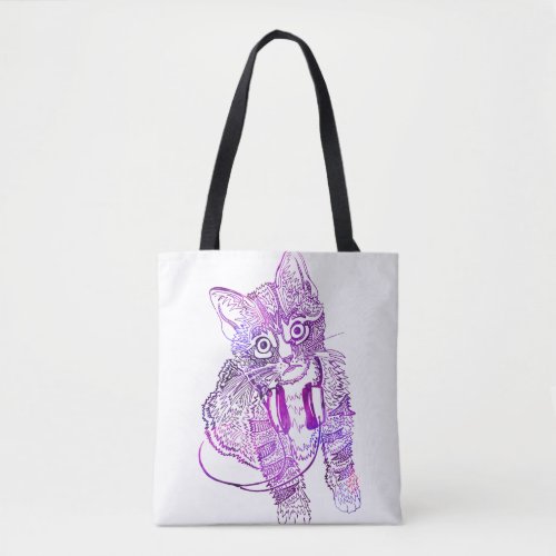 Funny Colorful Cat in Headphones illustration Tote Bag