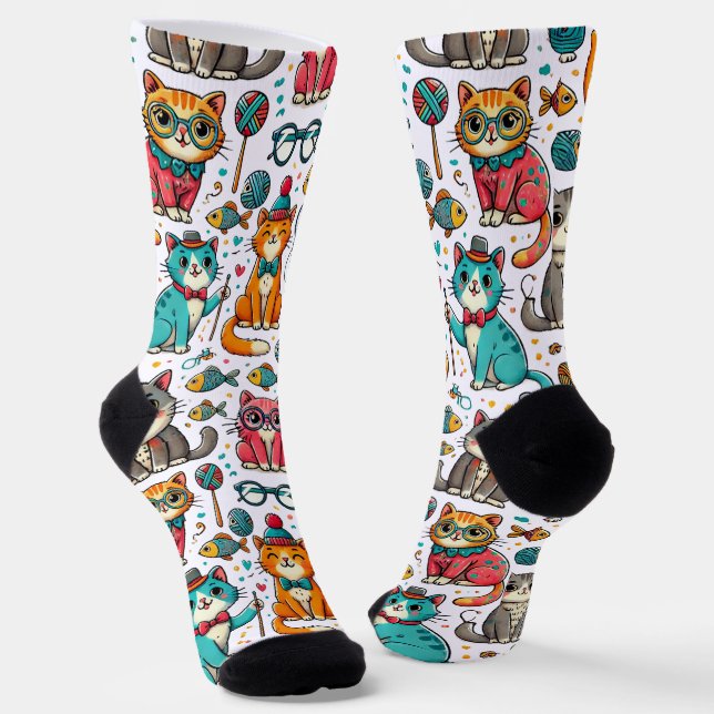 Funny Colorful Cats Pattern Socks Cat Lover Gift (Angled)