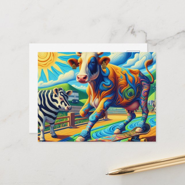 Funny Colorful Cow Skateboarding Postcard (Front/Back In Situ)