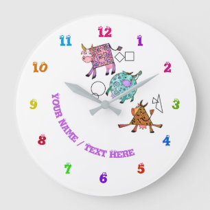 Funny Colorful Geometric Cute Cows  -Add Text/Name Large Clock