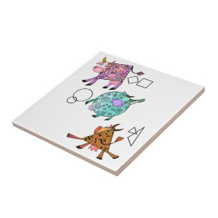 Funny Colorful Geometric Cute Cows Cartoon Drawing Ceramic Tile