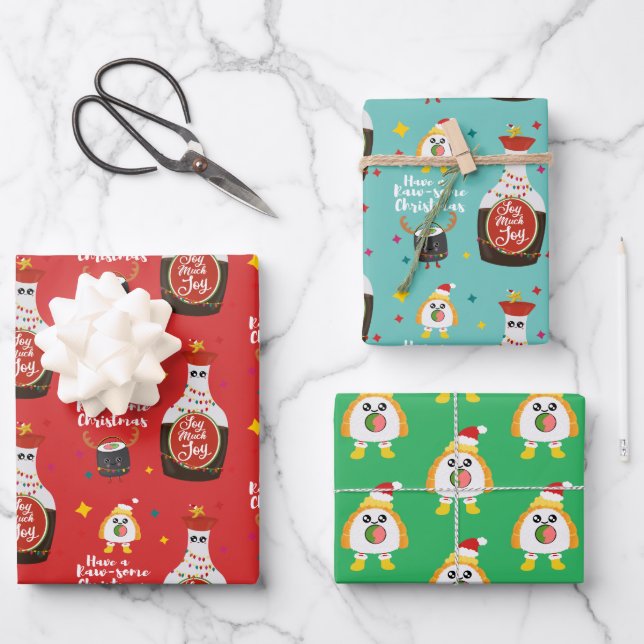 Funny Colorful Kawaii Sushi Merry Christmas Wrapping Paper Sheets (Front)