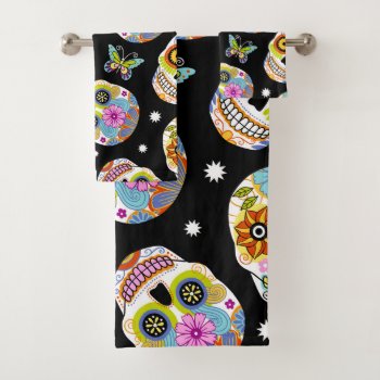 Funny Colorful Mexican Sugar Skull Day Of The Dead Bath Towel Set by bestipadcasescovers at Zazzle