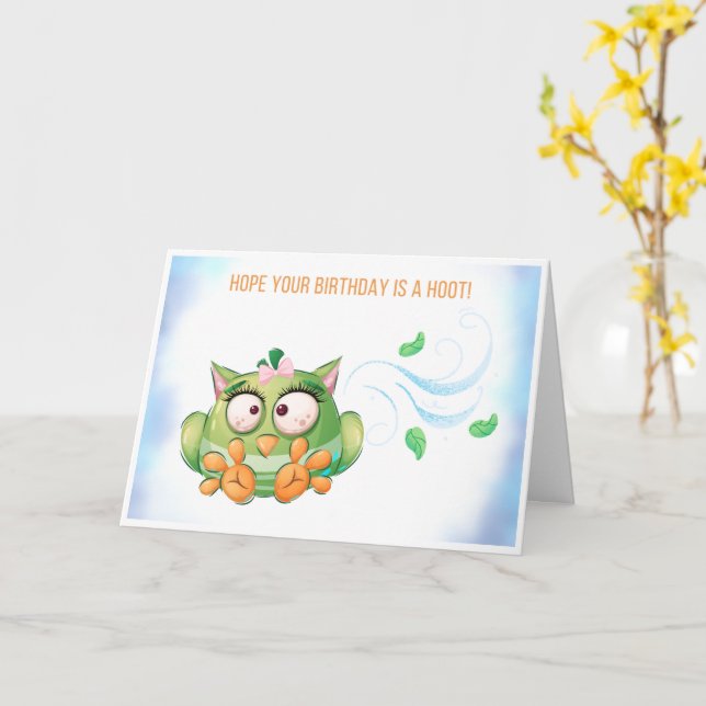 Funny Colorful Owl Birthday Card (Yellow Flower)
