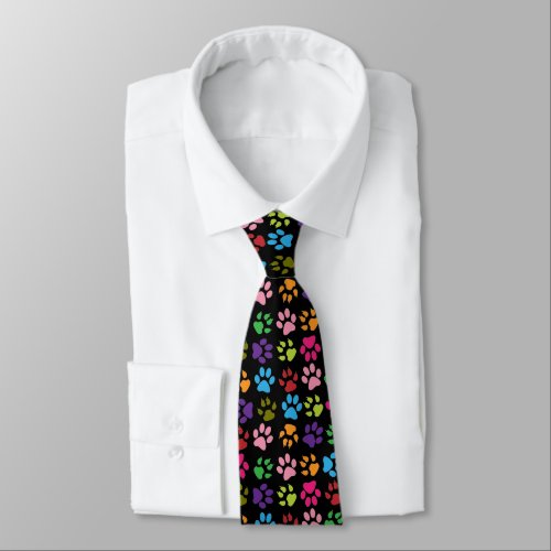 Funny Colorful pet dog or cat paw prints on black Neck Tie