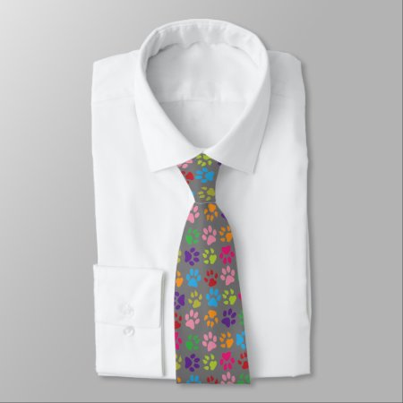 Funny Colorful Pet Dog Or Cat Paw Prints On Gray Tie