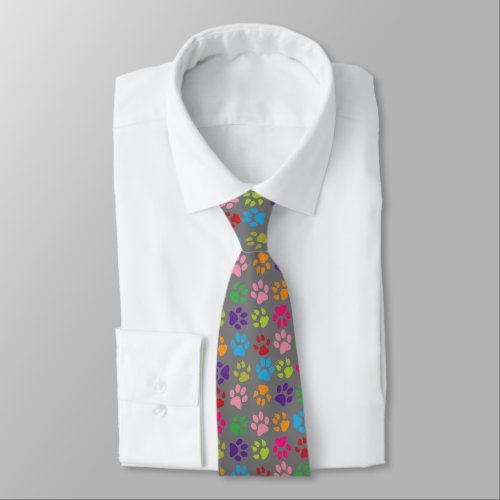 Funny Colorful pet dog or cat paw prints on gray Tie
