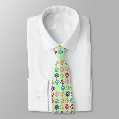 Funny Colorful pet dog or cat paw prints on green Tie