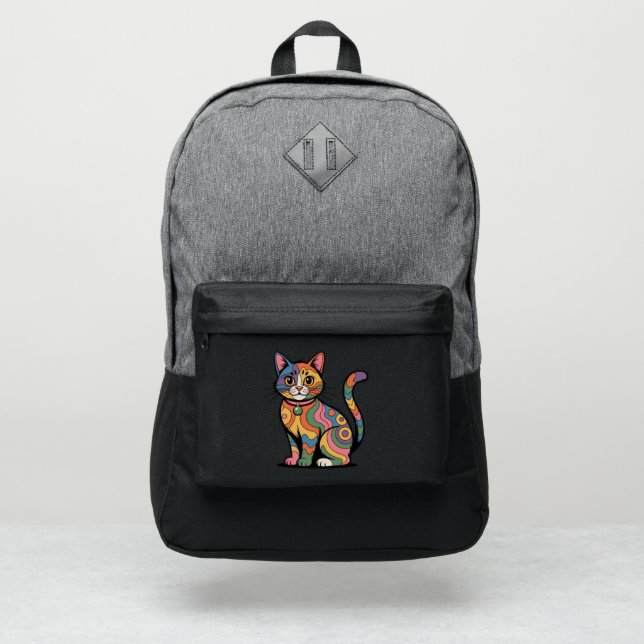 Funny Colorful Retro Psychedelic Cat Backpack (Front)