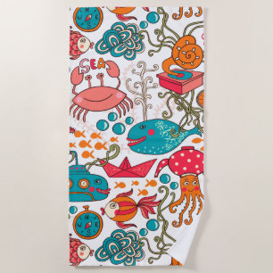 Funny Colorful Sea-Life Illustration Beach Towel